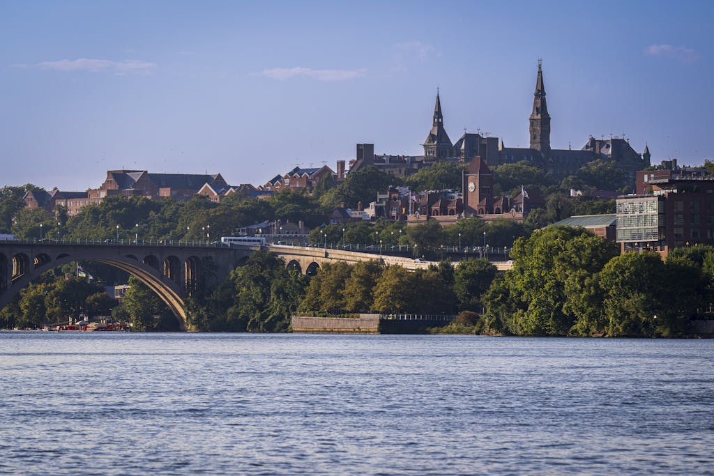 Scenic view of Key Memorial Bridge and Georgetown University over Potomac River in Washington DC.