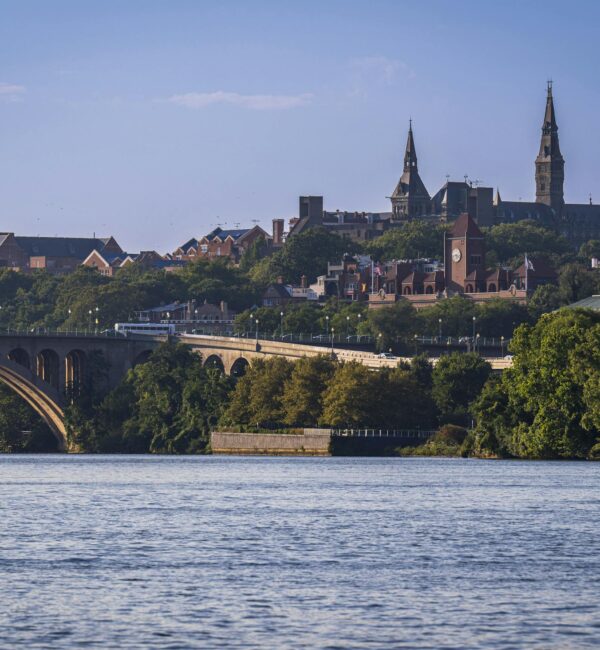 Scenic view of Key Memorial Bridge and Georgetown University over Potomac River in Washington DC.